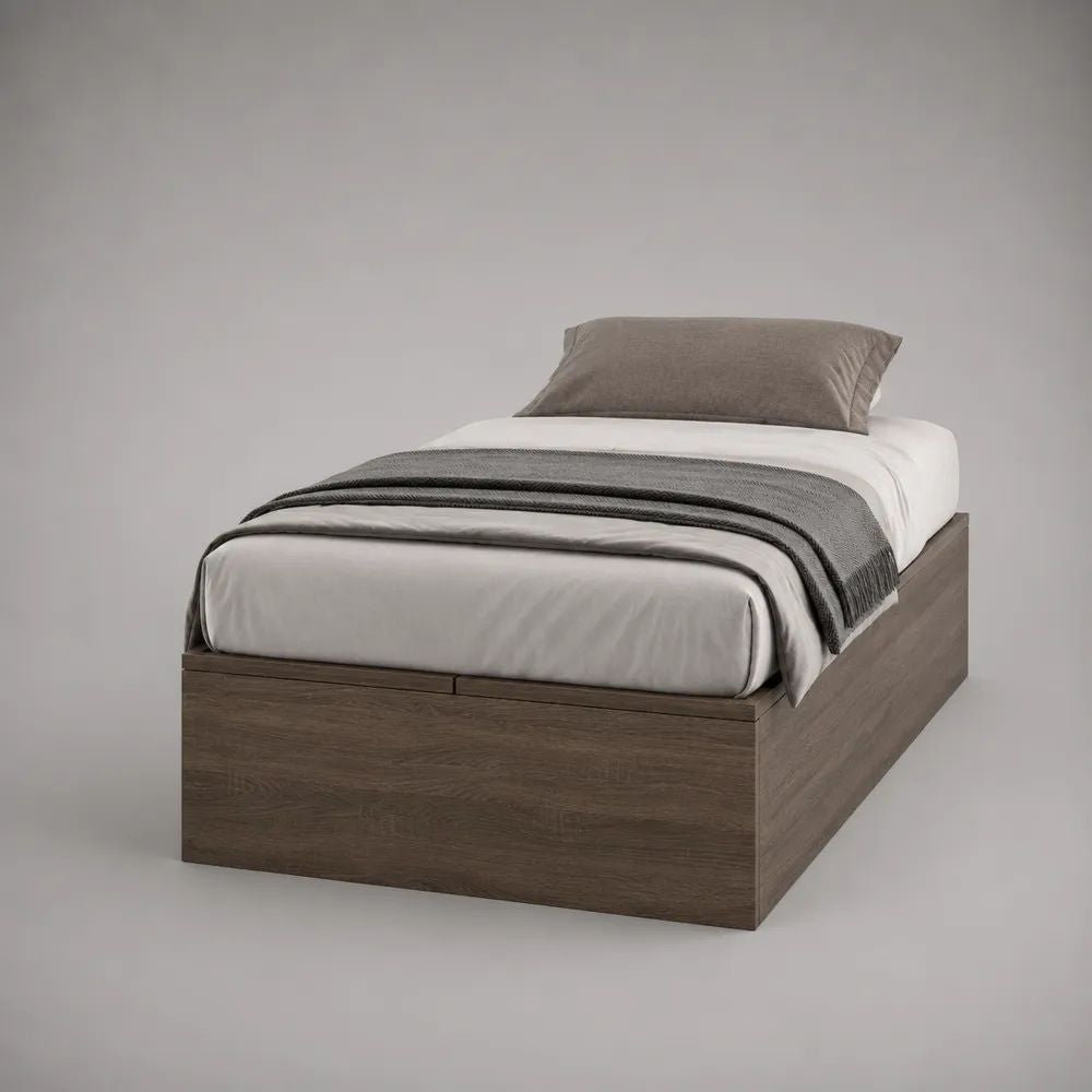 Letto singolo contenitore 90 x 190 cm in pannello truciolare melaminico marrone noce con base integrata e 2 cassetti