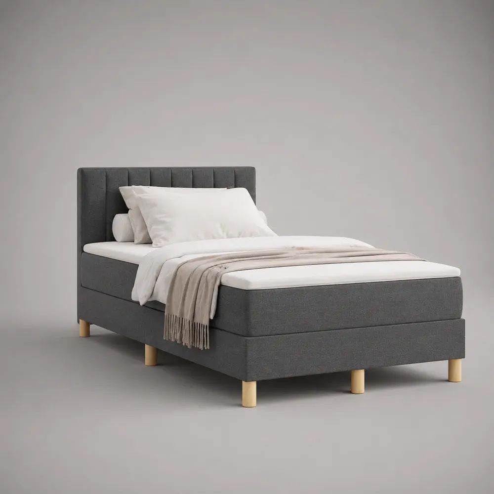 Letto boxspring rettangolare una piazza e mezza in tessuto grigio con testiera e materasso, 120 × 200 cm