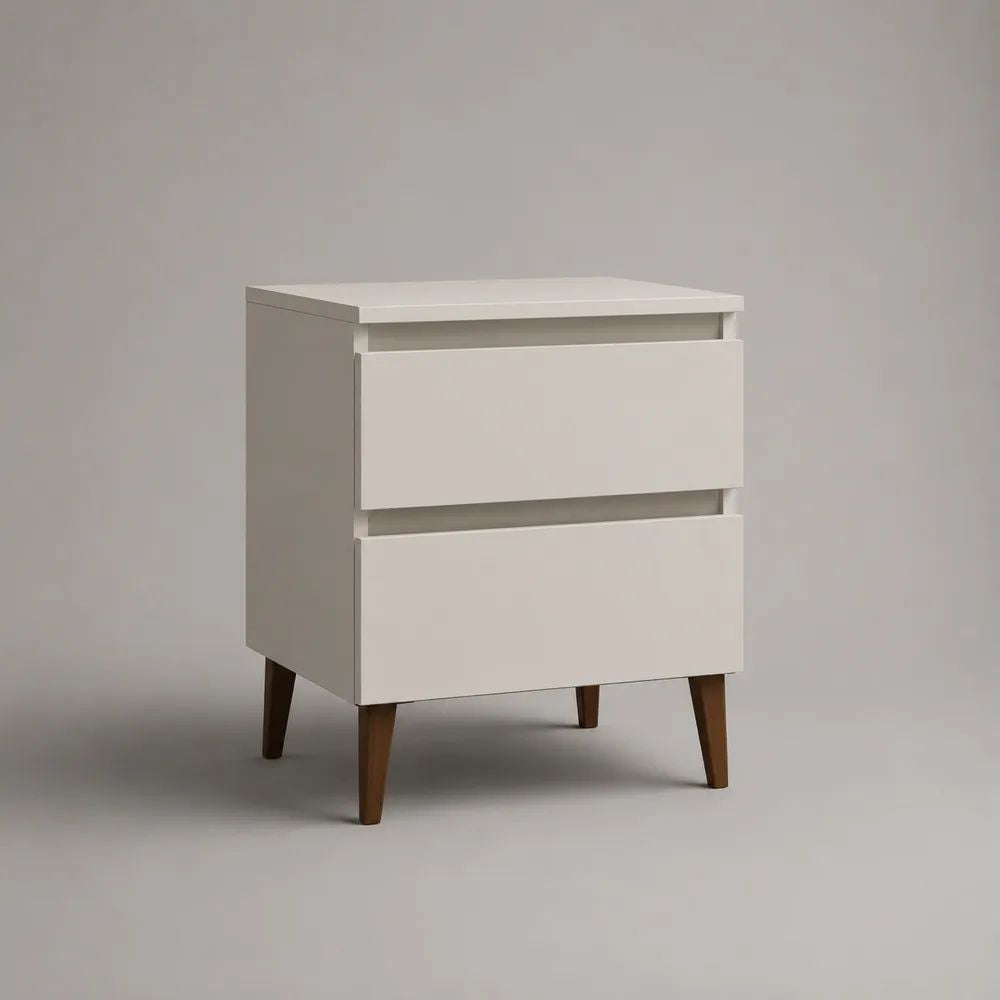 Comodino rettangolare con 2 cassetti in MDF e gambe in legno massello, Bianco/Marrone, 45 x 35 x 60 cm