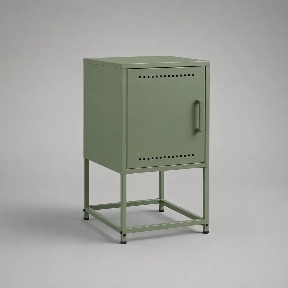 Comodino in acciaio con anta ventilata e piedini, verde salvia e nero, 40 × 35 × 70 cm