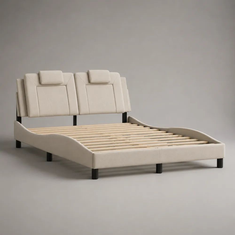 Letto matrimoniale imbottito beige 176 x 216 x 112 cm, superficie letto 160 x 200 cm, rete a doghe e testiera con 2 cuscini