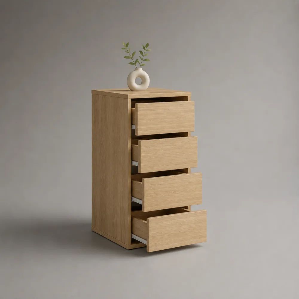 Cassettiera alta in legno con 4 cassetti, rovere naturale, 50 x 40 x 100 cm