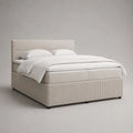 Letto matrimoniale imbottito 160 x 200 cm in velluto beige chiaro con testiera e giroletto, 176 x 212 x 110 cm