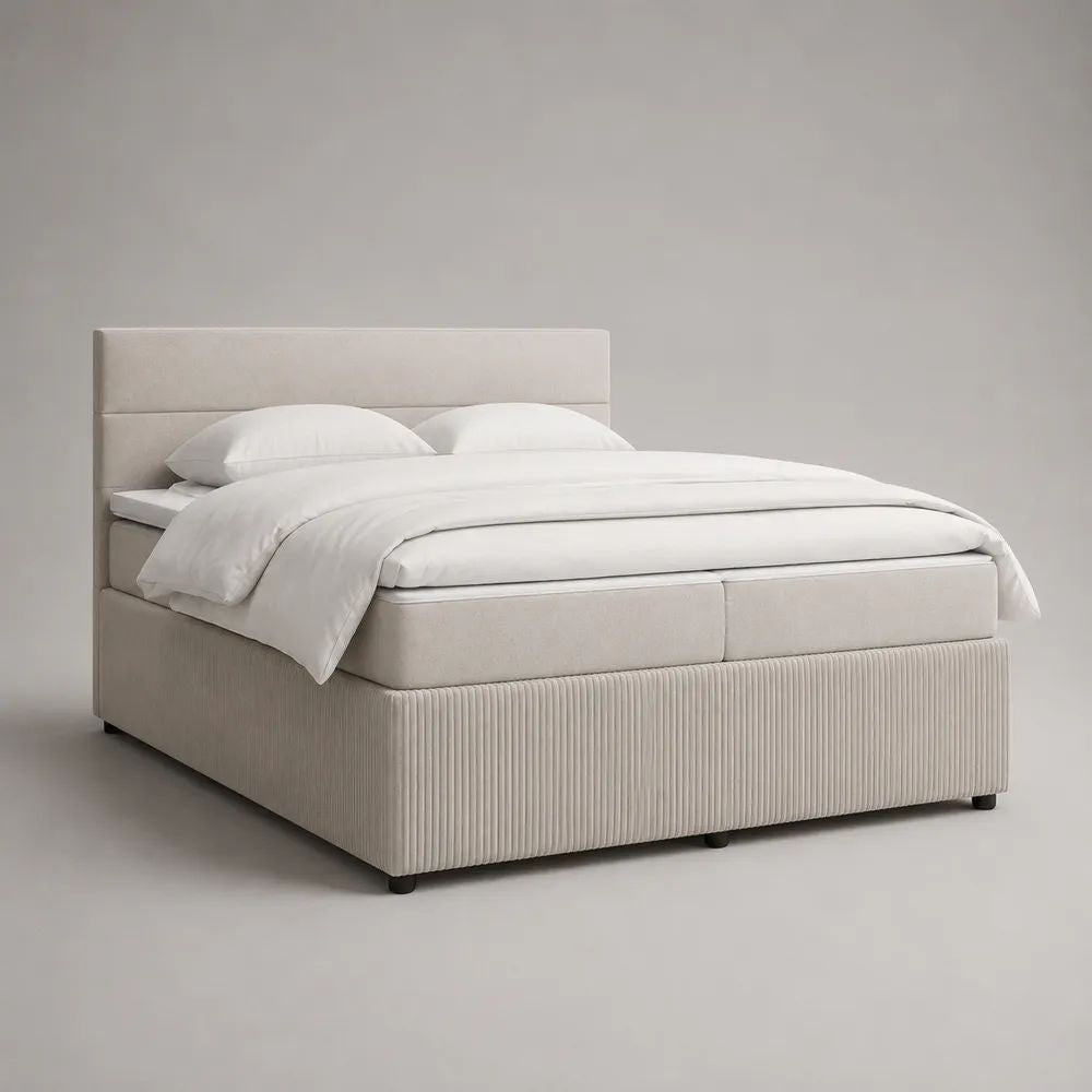Letto matrimoniale imbottito 160 x 200 cm in velluto beige chiaro con testiera e giroletto, 176 x 212 x 110 cm