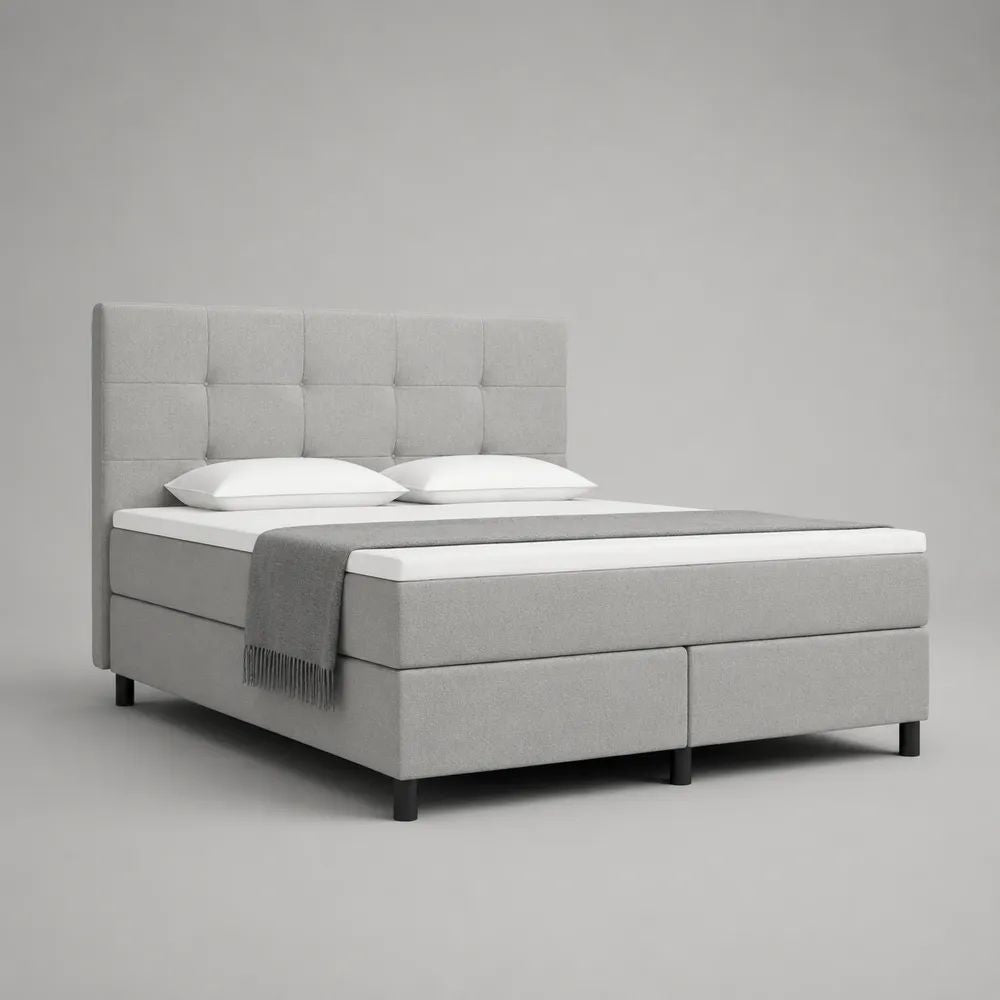 Letto boxspring matrimoniale 160 × 200 cm in tessuto grigio chiaro con materasso, topper e testiera trapuntata