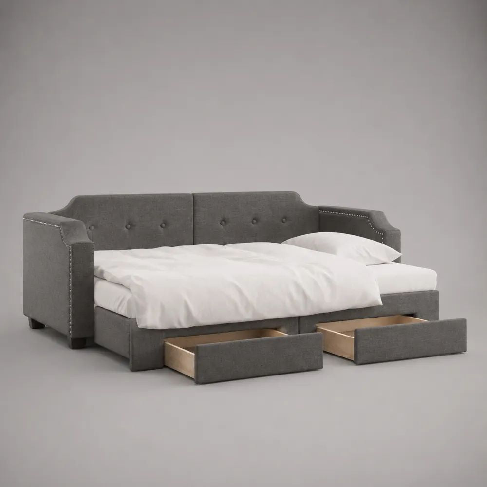 Letto singolo a divano 90 x 200 cm, dimensioni 218 x 101 x 91 cm, imbottito in tessuto grigio con 2 cassetti