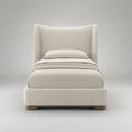 Letto singolo contenitore 90 x 200 cm in legno e metallo con rivestimento bouclé avorio, testiera alta e rete a doghe, 112 x 215 x 130 cm