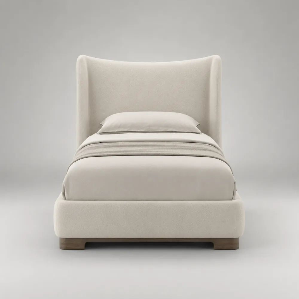 Letto singolo contenitore 90 x 200 cm in legno e metallo con rivestimento bouclé avorio, testiera alta e rete a doghe, 112 x 215 x 130 cm