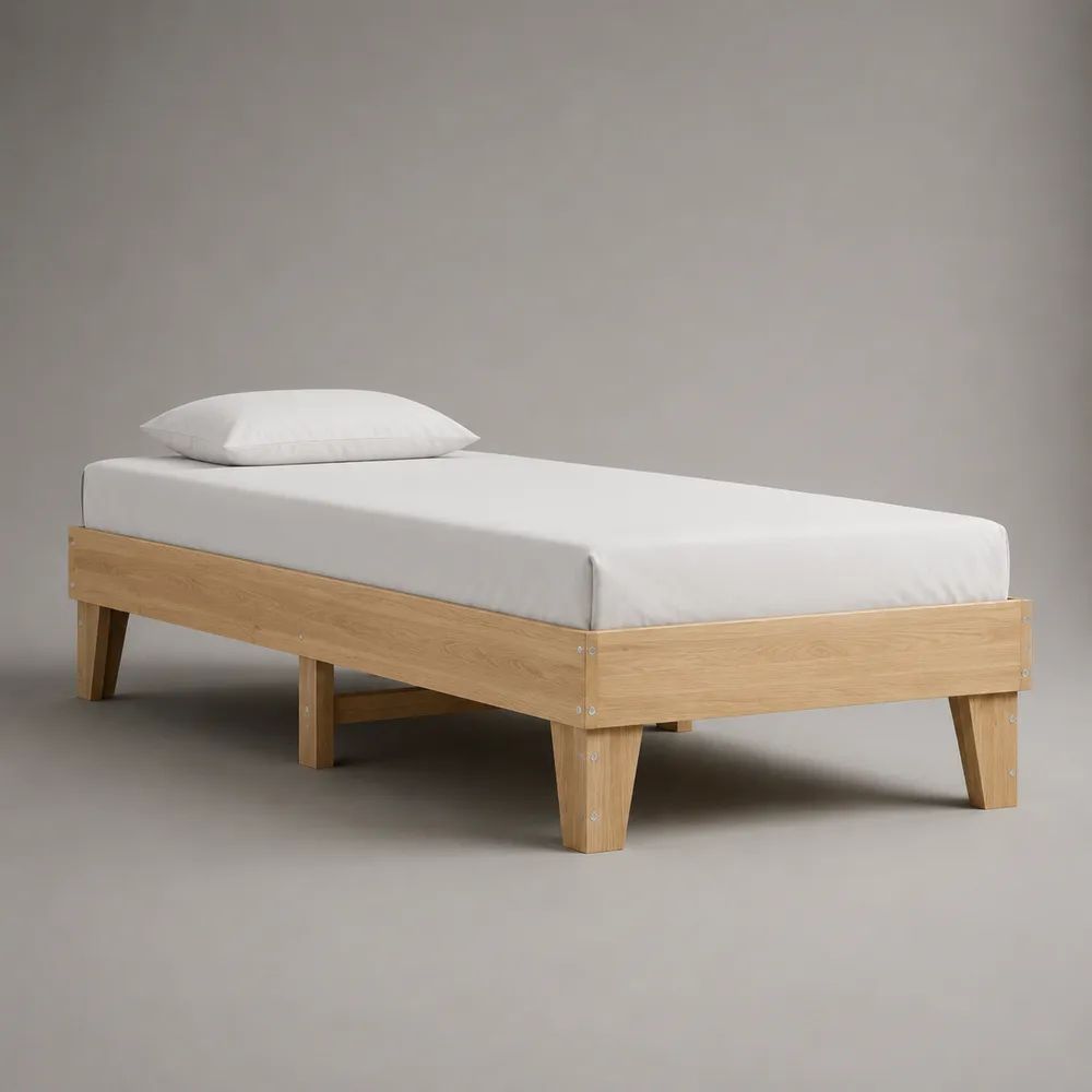 Letto singolo in legno con rete a doghe, finitura rovere naturale, superficie di riposo 90 x 200 cm, dimensioni 205 x 95 x 45 cm