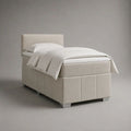 Letto singolo boxspring imbottito in tessuto beige 90 x 200 cm con testiera, materasso e topper