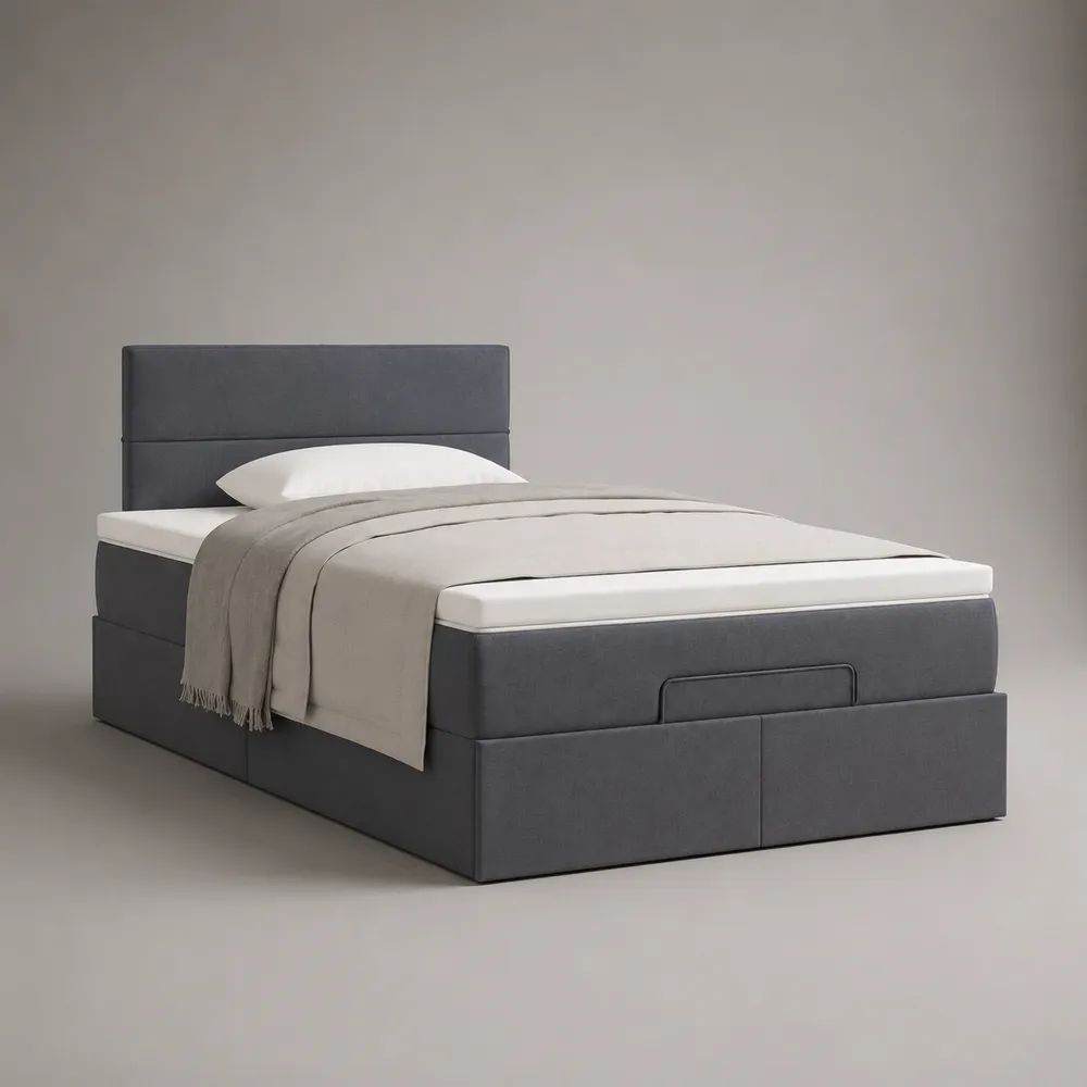 Letto singolo contenitore in tessuto grigio scuro con testiera imbottita e 2 cassetti, per materasso 90 × 200 cm, dimensioni 212 × 105 × 105 cm
