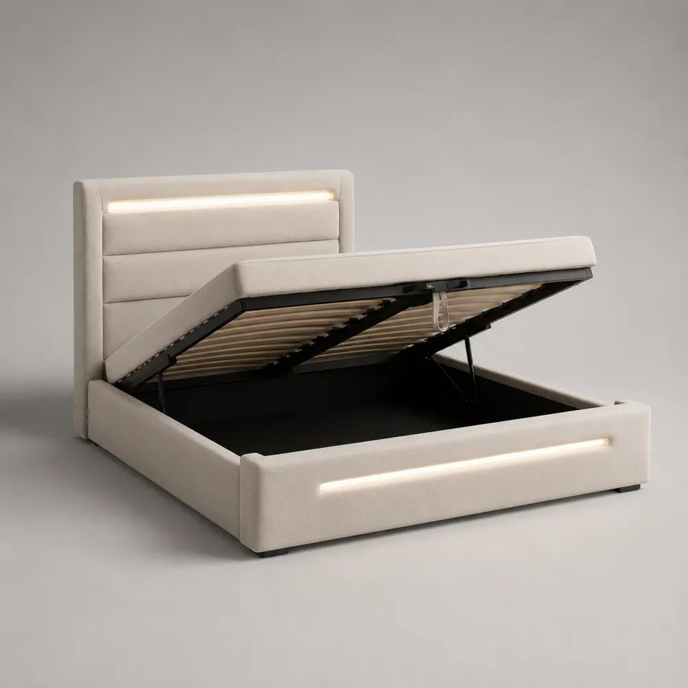 Letto matrimoniale contenitore 160 x 200 cm in tessuto bianco crema con illuminazione LED e rete a doghe