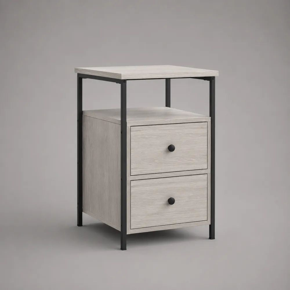 Comodino rettangolare in legno e acciaio con 2 cassetti e vano aperto, rovere sbiancato e nero, 40 x 40 x 60 cm