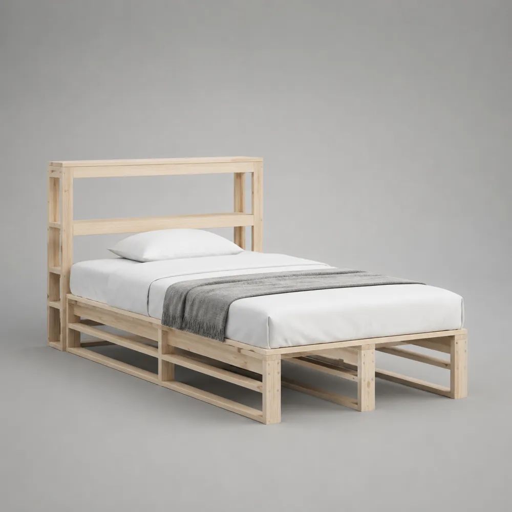 Letto singolo in legno naturale con testiera a scaffale, 100 x 210 x 180 cm, per materasso 90 x 200 cm