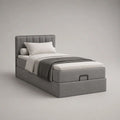 Letto singolo contenitore imbottito in poliestere grigio con testiera trapuntata, 90 x 200 cm