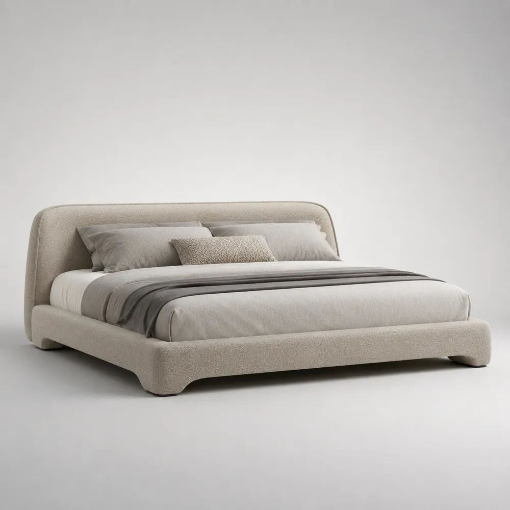 Letto matrimoniale imbottito in bouclé beige chiaro 180 x 200 cm con testiera, dimensioni 225 x 240 x 105 cm