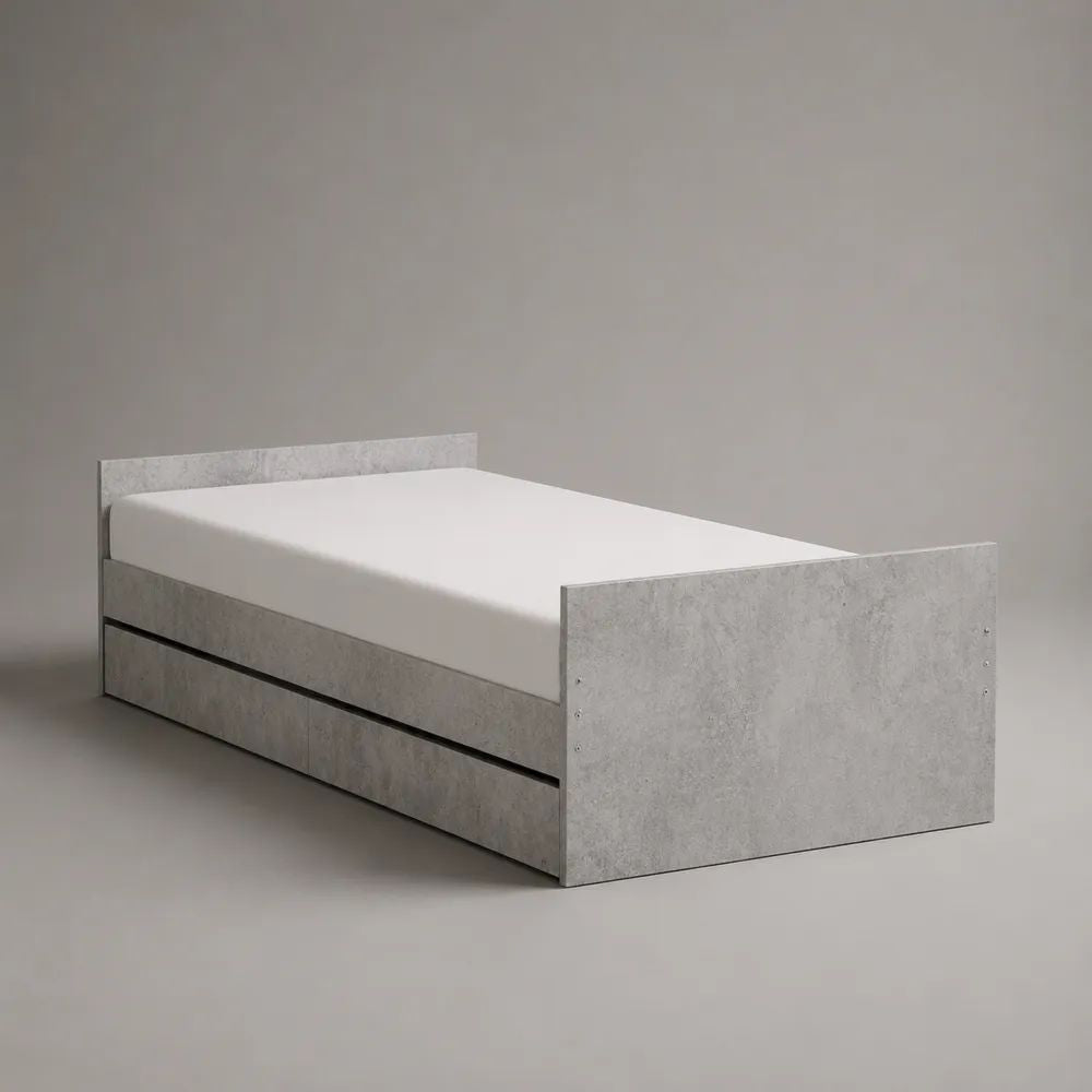Letto singolo con cassetto contenitore in pannello truciolare melaminico grigio cemento, 96 x 204 x 75 cm, per materasso 90 x 200 cm