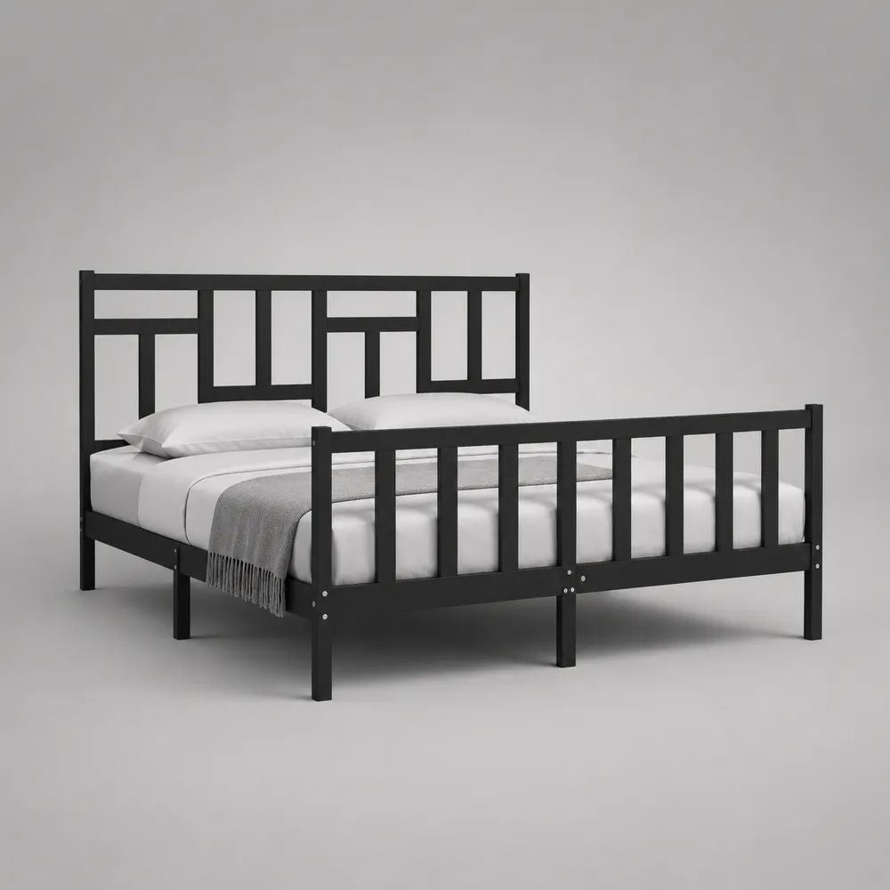 Letto matrimoniale alla francese 140 x 190 cm in pino massello nero con testiera e pediera, 207 x 147 x 110 cm