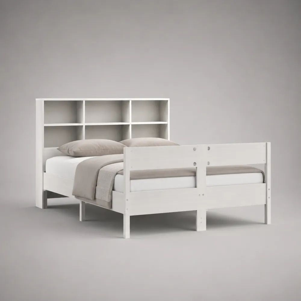 Letto alla francese in legno bianco con testiera libreria, sponda laterale e rete 140 x 200 cm, dimensioni 215 x 149 x 145 cm