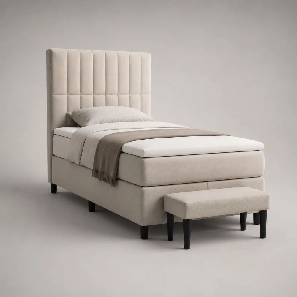 Letto singolo boxspring 90 x 200 cm beige con materasso, testiera imbottita e panca in poliestere