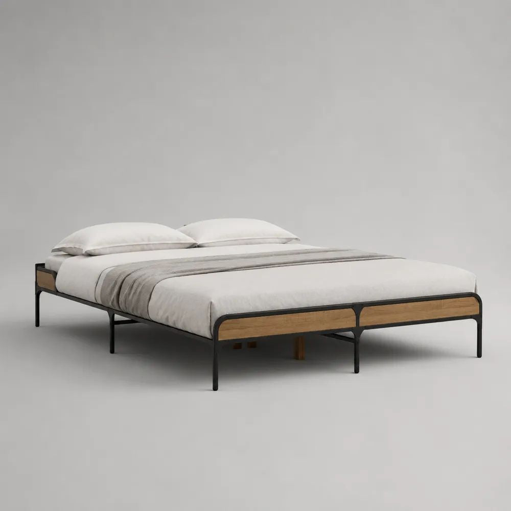 Letto matrimoniale 160 x 200 cm in acciaio nero e legno effetto rovere, 206 x 166 x 35 cm