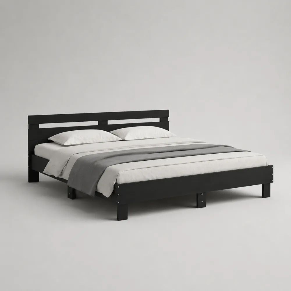 Letto matrimoniale 160 x 200 cm in legno nero con testiera e rete a doghe