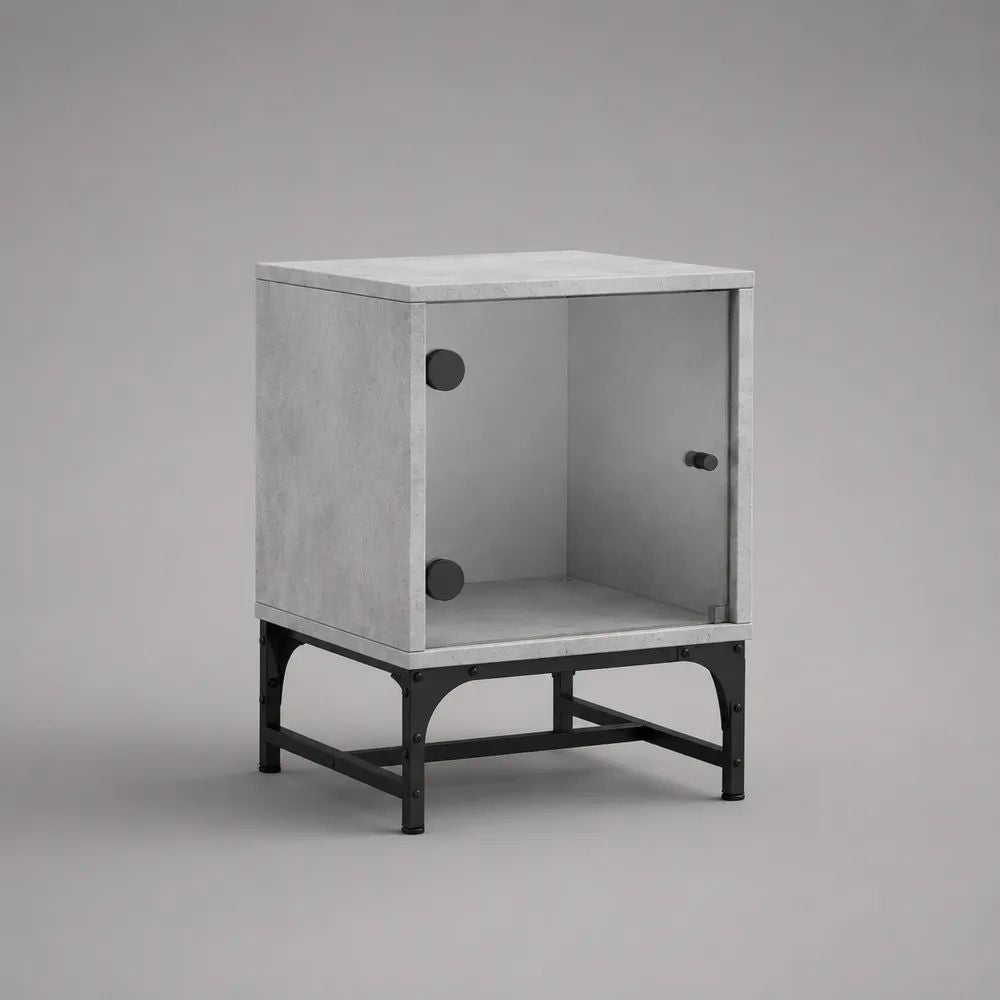 Comodino rettangolare con anta in vetro temperato e struttura in acciaio, grigio cemento, nero e grigio fumé, 45 x 40 x 65 cm