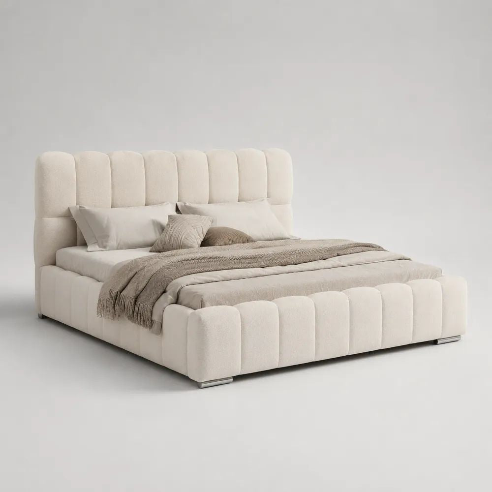 Letto matrimoniale contenitore imbottito in tessuto bianco crema, 190 x 220 x 120 cm, rete 160 x 200 cm