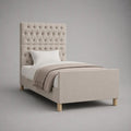 Letto singolo imbottito beige con testiera capitonné, per materasso 90 x 200 cm, dimensioni 101 x 215 x 145 cm