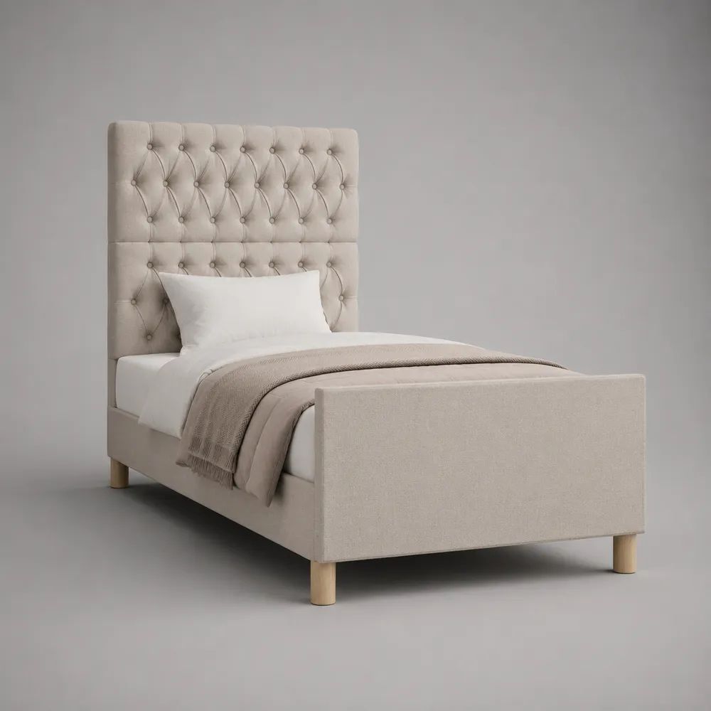 Letto singolo imbottito beige con testiera capitonné, per materasso 90 x 200 cm, dimensioni 101 x 215 x 145 cm
