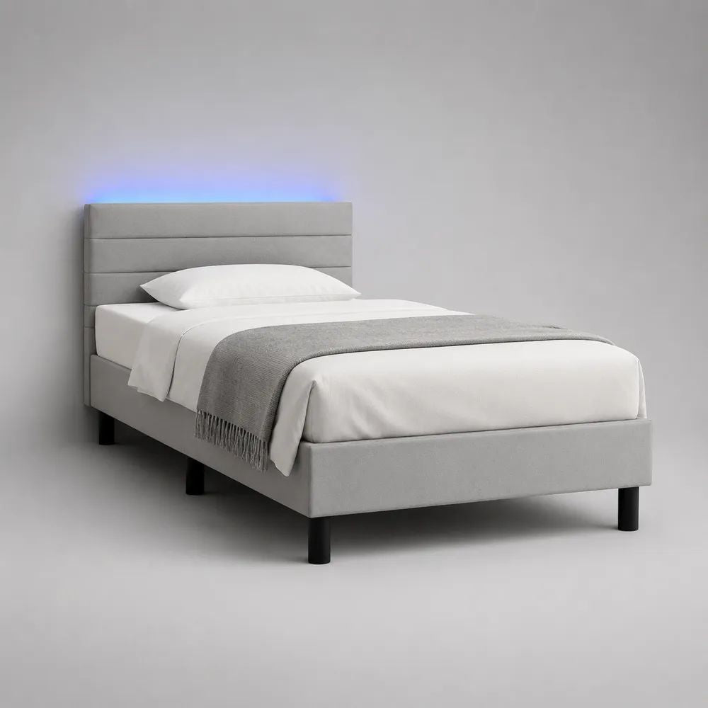 Letto singolo imbottito in poliestere grigio chiaro con testiera rettangolare e luce LED blu, 100 x 212 x 110 cm, per materasso 90 x 200 cm