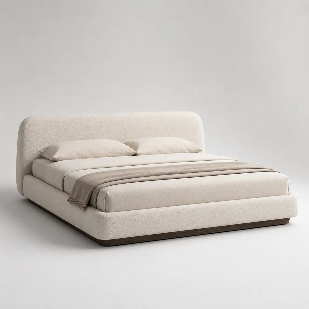 Letto matrimoniale imbottito in tessuto bianco crema 160 x 200 cm, con testiera arrotondata e base marrone scuro, 225 x 190 x 105 cm