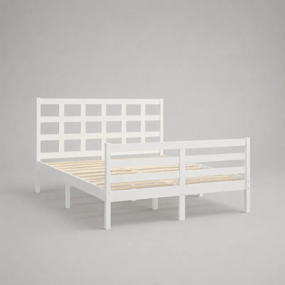 Struttura letto matrimoniale in pino massello bianco 140 x 200 cm con rete a doghe e testiera a griglia