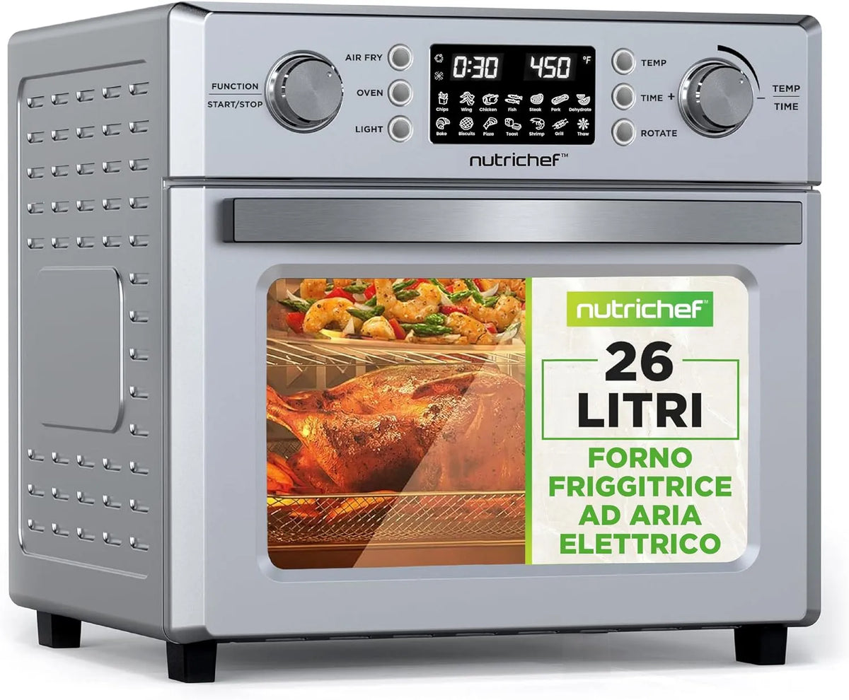 Forno elettrico, Air Fryer Forno Digitale Senza Olio con Cestello o Ciotola Trasparente, NutriChef Friggitrice ad Aria, Controllo Preciso di Tempo e