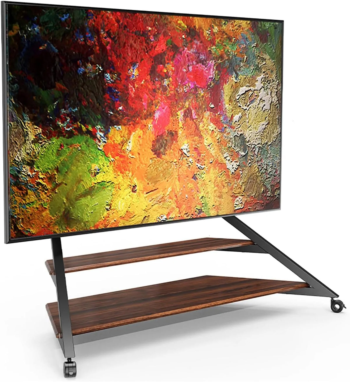 Smart TV, 100 pollici, televisore, portatile, ruote di trasporto, nero, Supporto da Pavimento con Ruote con Ripiano Regolabile in Altezza, Ufficio