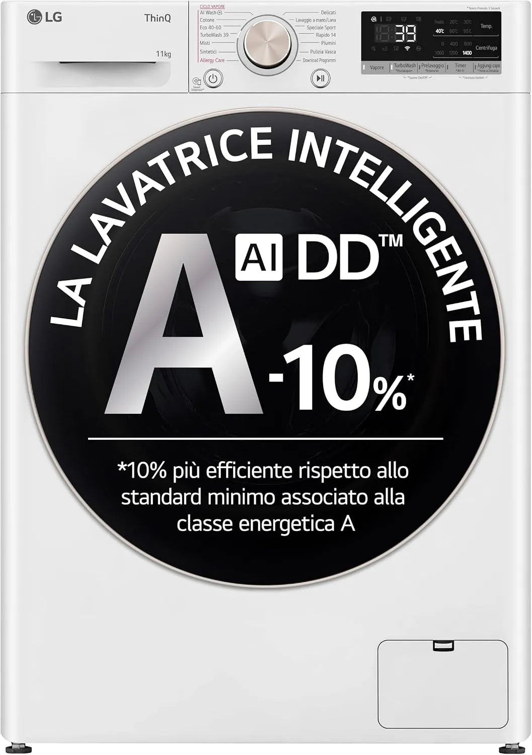 LG F4R7011TSWG Lavatrice, 7 programmi, 11 kg, classe energetica A, libera installazione, Wi-Fi, vapore, bianco, 1400 giri, TurboWash 360, Serie R7