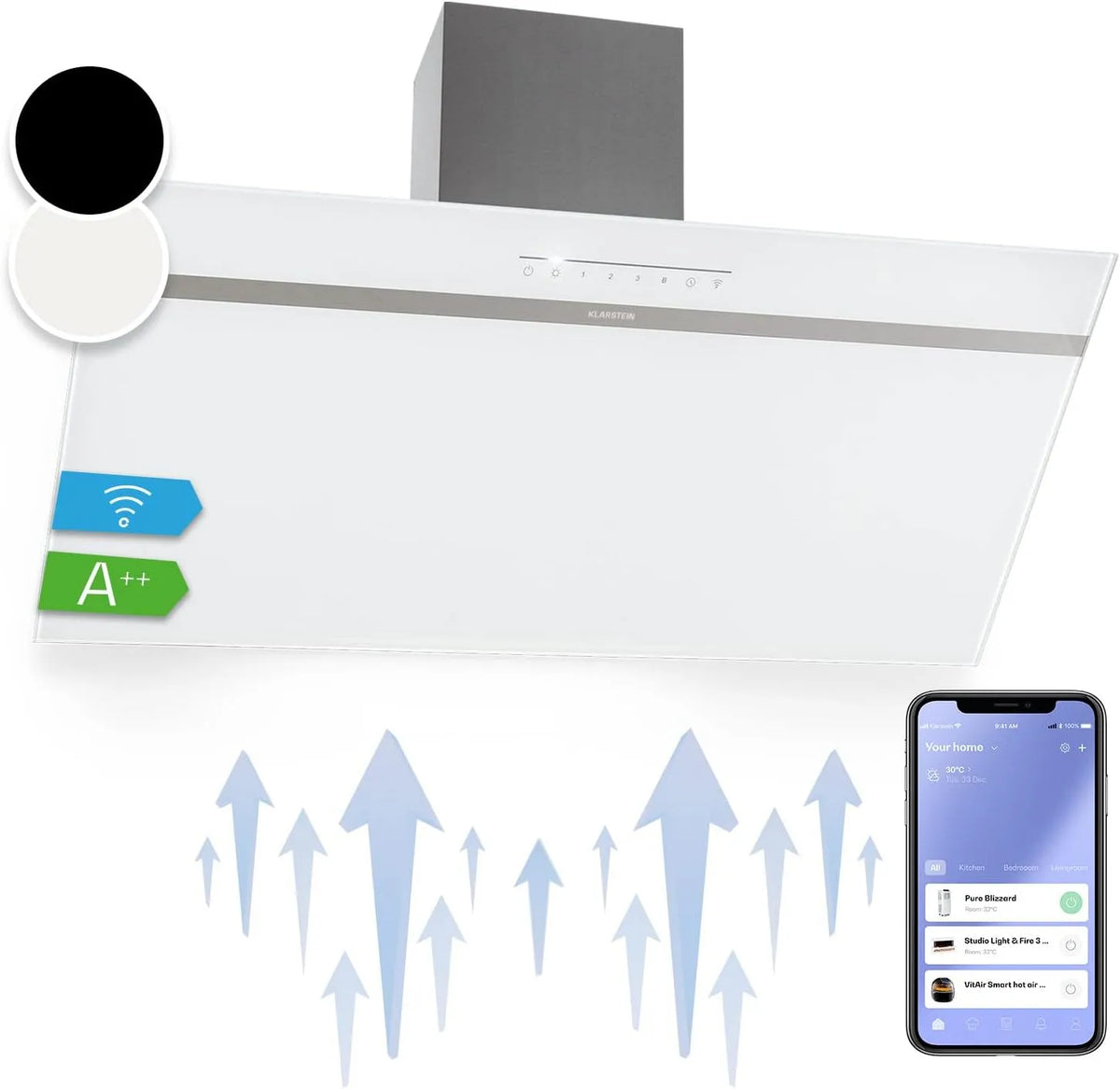 Klarstein Cappa aspirante, 90 cm, 585 m3/h, classe energetica A, cappa da cucina, da incasso, Wi-Fi, LED RGB, Flusso d'Aria 585m3, IoT