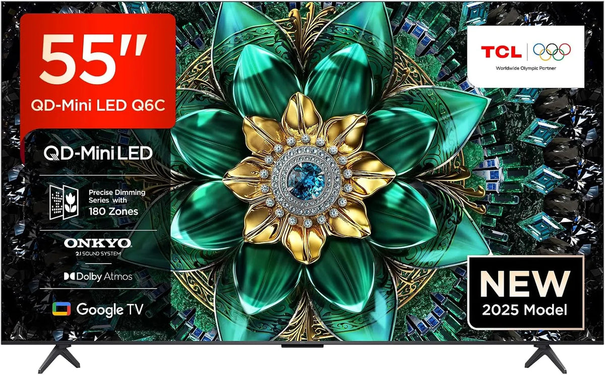 Google 55Q6C 1000nits Smart TV, 55 pollici, 144 Hz, televisore, 4K UHD, HDR, Dolby Vision IQ e Atmos, sistema audio Onkyo 2, TCL 55Q6C 55' QD-Mini LED