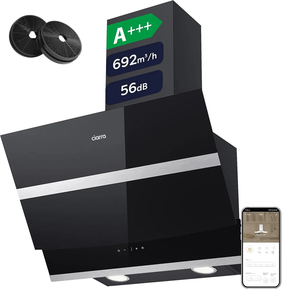 CIARRA CBCB6736N Cappa aspirante, 60 cm, classe energetica A, cappa da cucina, Wi-Fi, nero