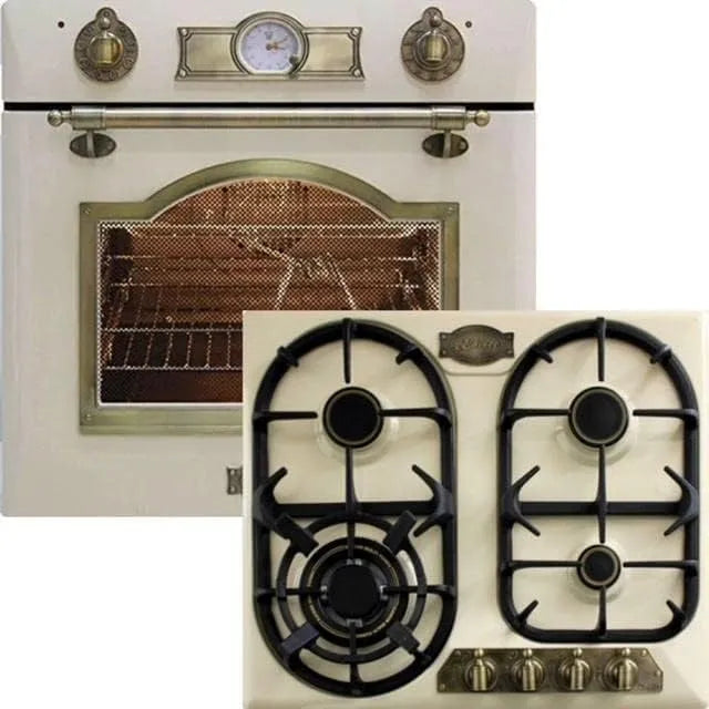 Forno elettrico, 67 L, 8 programmi, da incasso, 8 KW WOK, 8 funzioni, 67 litri, autopulente, girarrosto+ Piano cottura a gas, smaltato avorio
