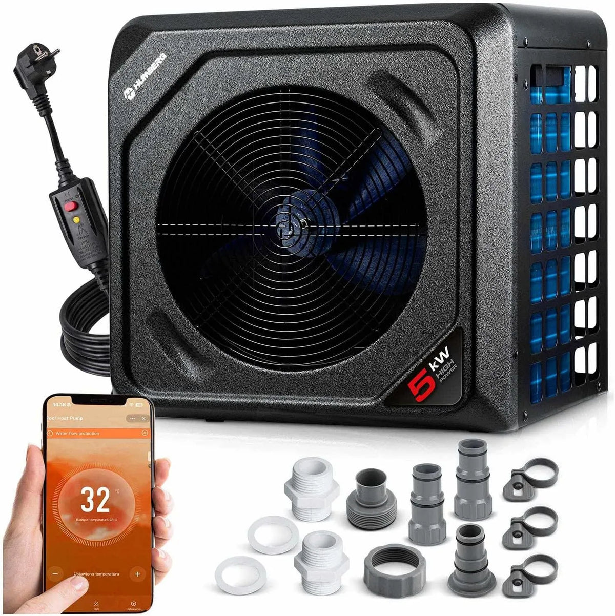 Prodotto 5 kW, Humberg Pompa di calore per piscina, riscaldamento per piscine fino a 30.000 l, efficienza energetica, silenzioso 48 dB, COP 5