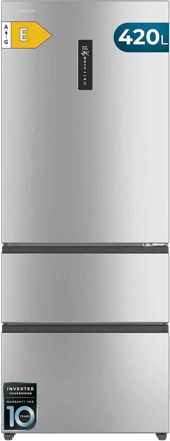 Cecotec Bolero CoolMarket FD Frigorifero, 420 L, No Frost, Inverter, acciaio inox, Altezza 186 cm e 70 cm Larghezza, Extra Capacità Max 420L