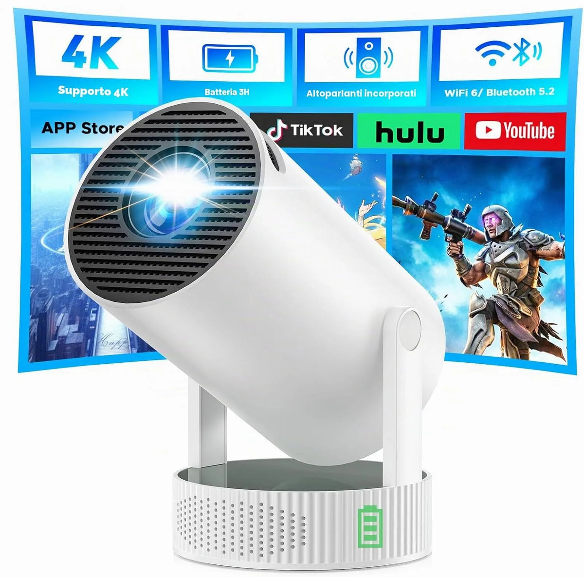 Smart TV, televisore, 4K UHD, Wi-Fi, portatile, esterno, Bluetooth, Android OS, 3 Ore Autonomia, 220° Rotazione, Mini Proiettore con supporto