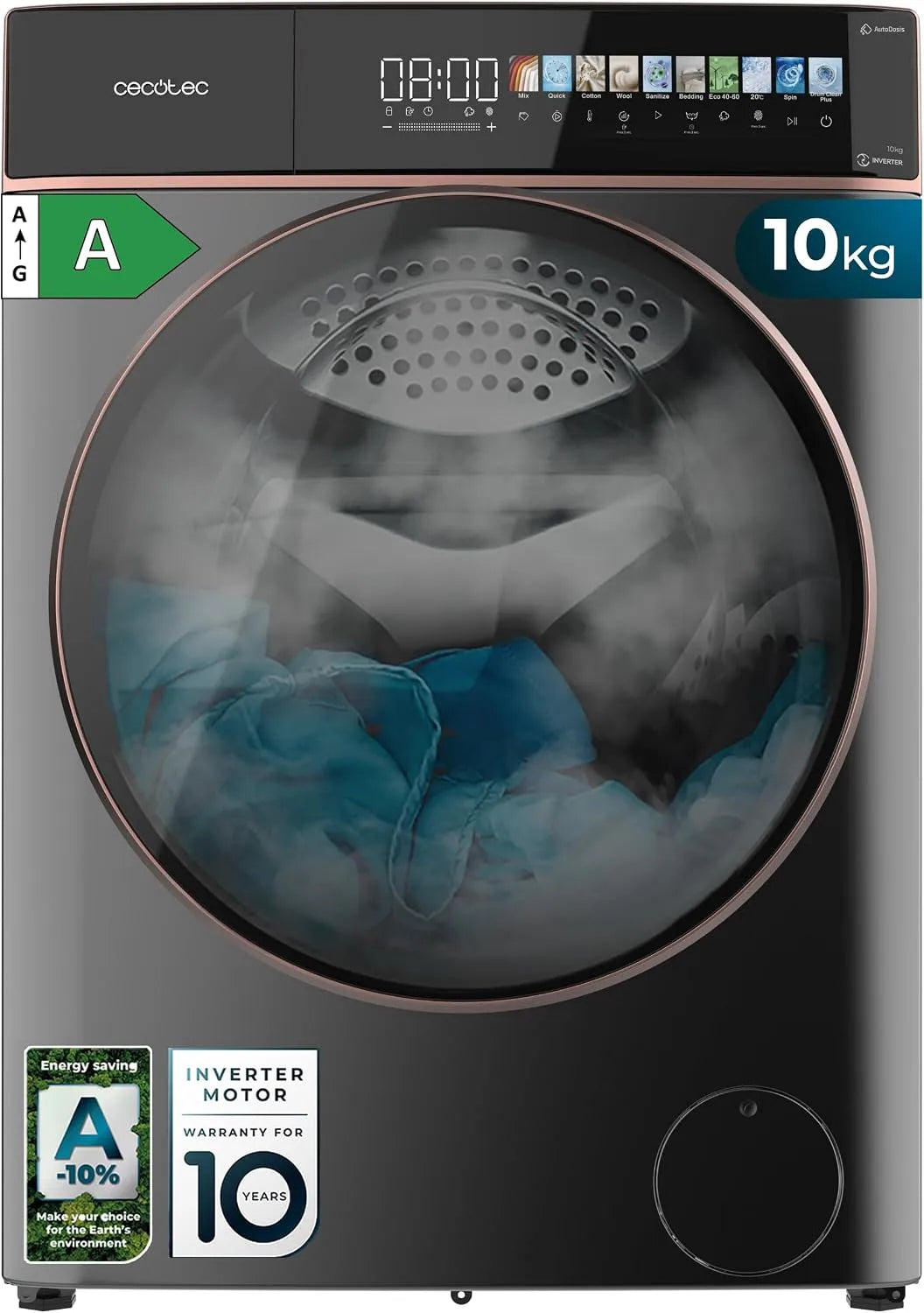 Cecotec Bolero DressCode 10900 1400RPM Lavatrice, 11 programmi, 10 kg, Inverter, vapore, Display FullColor, Basso Consumo, Autodose