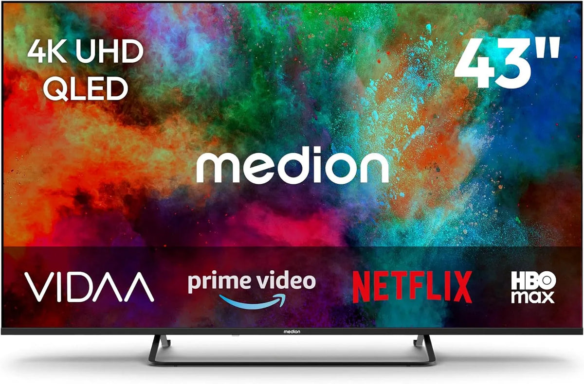 Smart TV, 43 pollici, televisore, QLED, HDR, audio Dolby, Bluetooth, registrazione PVR, MD 843602, MEDION 108 cm, Dolby Atmos, HBO Max, VIDAA Store