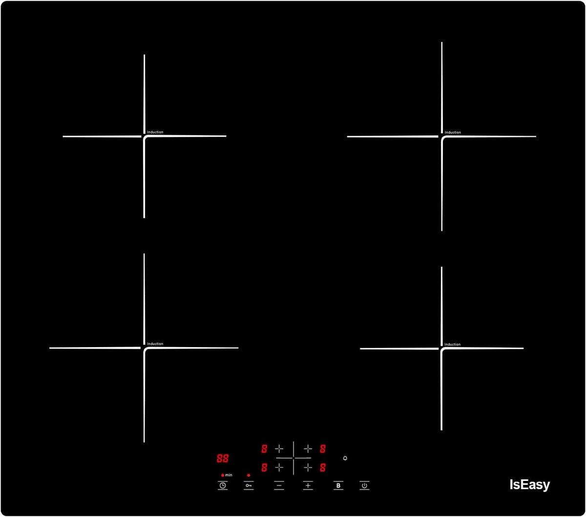 Piano cottura a induzione, 59cm, 4 fuochi, 6800 W, piastra a induzione, Boost, touch, timer, nero, vetro nero