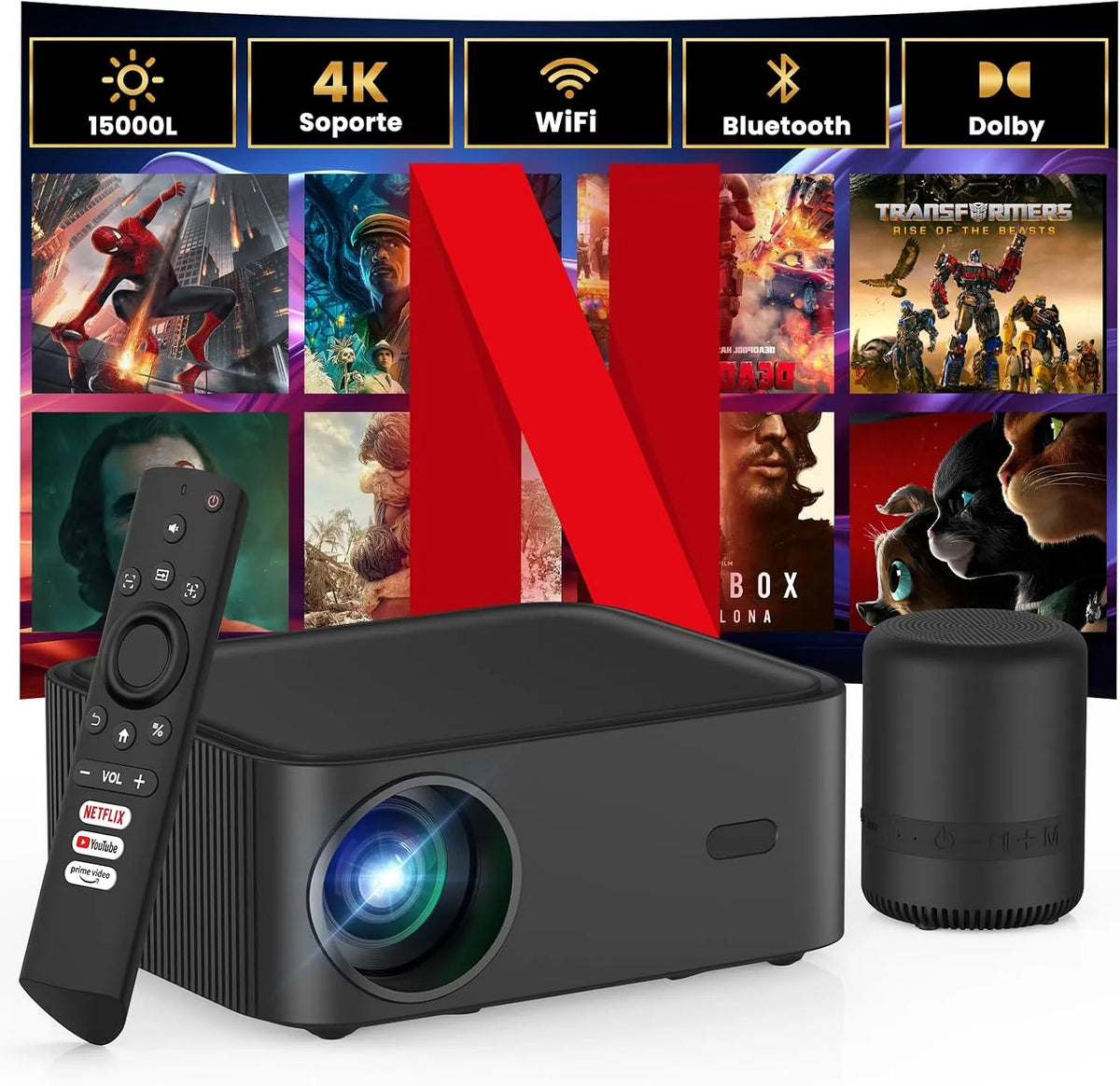 Proiettore 1080P Dolby, Android, iOS, PS5, portatile, Wi-Fi, Bluetooth, Android OS, 4K UHD, Full HD, videoproiettore, HOPVISION Mini, Prime Video