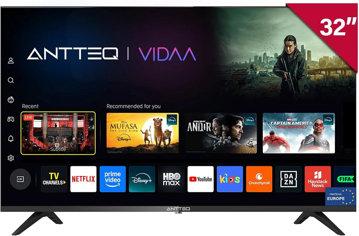 Smart TV, 32 pollici, televisore, triplo tuner DVB-T2, S2, audio Dolby, HDMI, Wi-Fi, senza cornice, DAZN, YouTube, Netflix, Prime video, HEVC 10