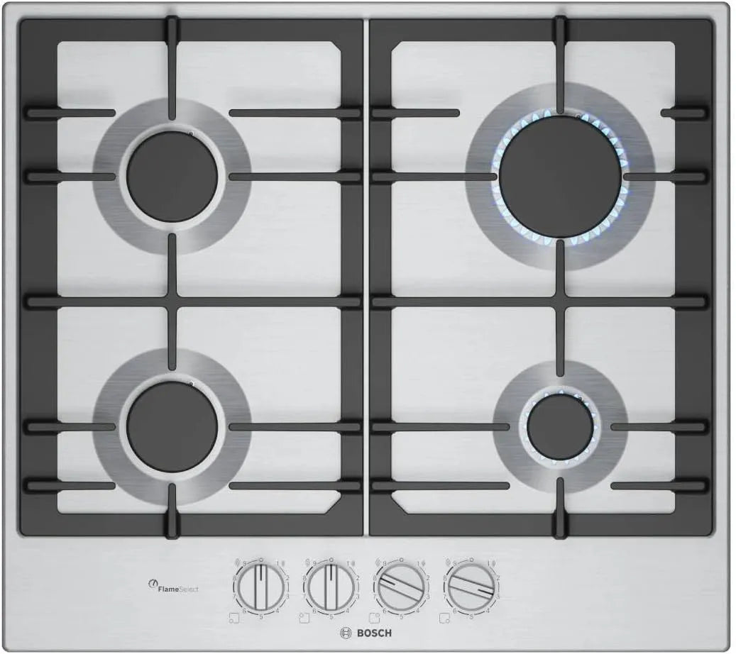 Bosch Serie 6 PCP6A5I90 Piano cottura a gas, 60 cm, ghisa, acciaio inox, fornello a gas, FlameSelect, Manopole magnetiche removibili