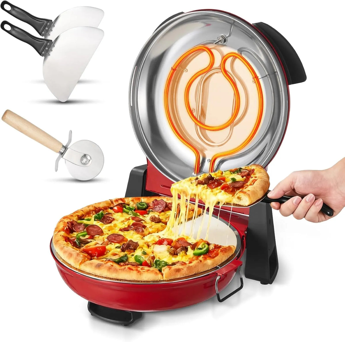 VEVOR Forno elettrico per pizza, 30, 48 cm, 1200 W, 2 zone di temperatura, rosso, Riscalda Fino a 420 °C, Temperatura a 5 Modalità, Cuoci Pizza